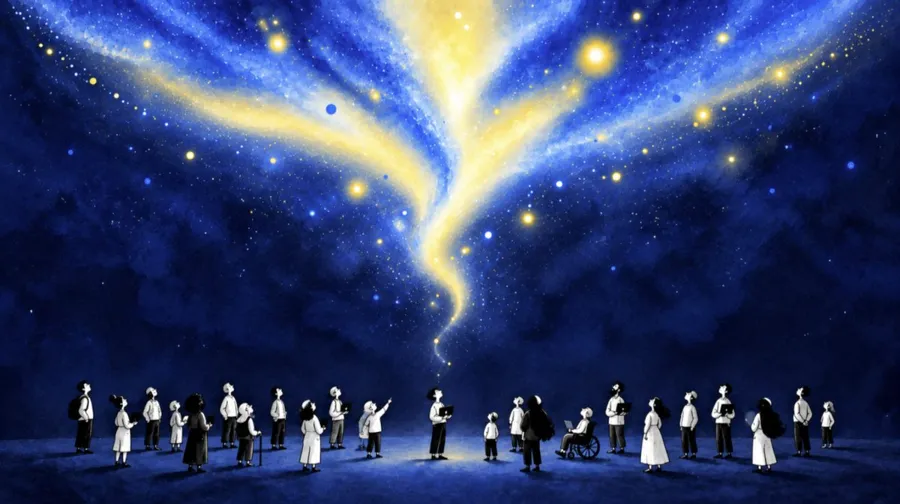 People looking up at a night sky where streams of light converge into one point