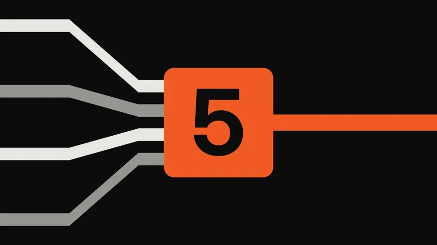 Four bands converging into a single orange block marked 5, with one line leading out